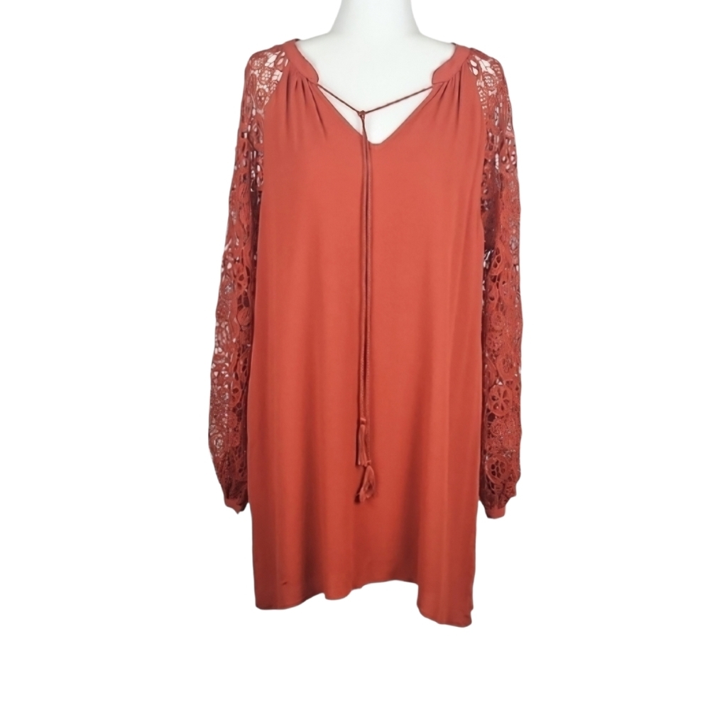 Orange Longsleeve Mini Shift Dress Bohemian Boho Style Dress, Size L